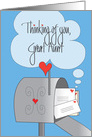 Thinking of You, Great Aunt with Mailbox, Hearts and Envelopes card