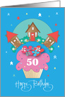 50th Birthday for Neighbor, Floral Topped Cupcake and Cottage Trio card