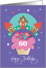 60th Birthday for Neighbor, Floral Pink Cupcake with Trio of Cottages card