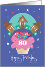 80th Birthday for Neighbor, Pink Floral Cupcake with Trio of Cottages card