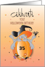 Birthday on Halloween Mouse on Pumpkin in Witch Hat with Custom Age card