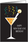 New Year’s Eve Birthday, Long Stem Glass with Candle Drink Pick card