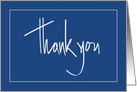 Hand Lettered Blue Thank you with Red Dot and White Border card