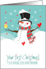 First Christmas for Great Nephew Snowman with Bird and Hearts card