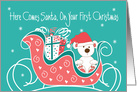 First Christmas for Boy, White Polar Bear in Santa’s Red Sleigh card