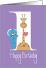 First Birthday for One Year Old, Giraffe with Blue Polka Dot Gift card