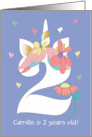 Second Birthday for Girl Unicorn Floral Number Two with Custom Name card