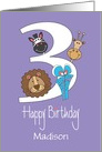 Third Birthday for Three Year Old, with Custom Name and Zoo Animals card