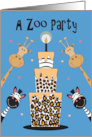 Birthday Party Invitation for Kids Zoo Animals and Animal Print Cake card