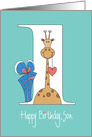 1st Birthday for Son, Giraffe with Heart & Polka Dot Gift card