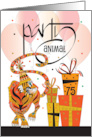 Hand Lettered 75th Birthday for Party Animal with Tiger in Party Hat card