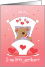 New Baby born on Valentine’s Day, Bear in Cradle with Hearts card