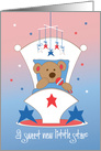 New Baby born on 4th of July, Bear in Cradle with Red & Blue Stars card