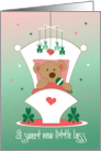 New Baby Girl born on St. Patrick’s Day, Bear, Cradle & Shamrocks card