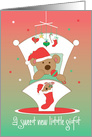 Baby born on Christmas, Bear in Cradle with Stocking & Santa Hat card