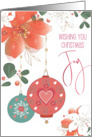 Hand Lettered Wishing You Christmas Joy Ornaments and Poinsettias card