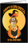 Halloween for Great Niece H-Owl-Oween Owl in Witch Hat on Pumpkin card