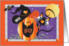 Halloween for Niece with Black Cat and Jack O Lantern with Witch Hat card