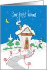 Holiday 1st Home Announcement, Decorated Cottage & Snowman card