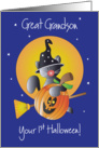 1st Halloween for Great Grandson, Flying Black Kitty in Witch’s Hat card