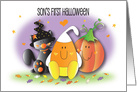 1st Halloween for Son, Black Kitty, Orange Pumpkin & Candy Corn Man card