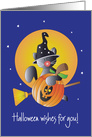 Halloween with Flying Black Kitty on Broom with Pumpkin card