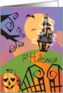 Hand Lettered First Halloween in New Home Haunted House on Hill card
