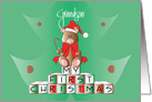 First Christmas for Grandson, Bear on Holiday Blocks, in Santa Hat card