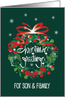 Hand Lettered Christmas for Son & Family, Wreath with Bow & Berries card