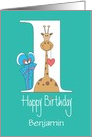 First Birthday with Customized Name, Giraffe with Gift and Heart card