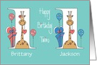 First Birthday for Twins, Boy & Girl with Giraffes, Balloons & Gifts card