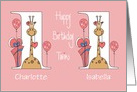 First Birthday for Twins, Two Girls with Giraffes, Balloons & Gifts card