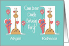 Invitation to 1st Birthday Party for Girl Twins Giraffes & Balloons card