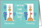 Invitation to 1st Birthday Party for Boy Twins Giraffes & Balloons card