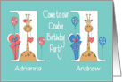 Invitation to 1st Birthday Party for Girl and Boy Twins with Giraffes card