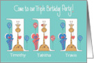 Invitation to Triplets 1st Birthday Giraffes with 2 Boys and 1 Girl card