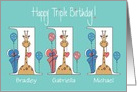 Birthday for Triplets, 2 Boys & 1 Girl, Giraffes With Balloons card