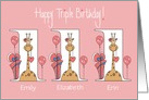 Birthday for Triplets, 3 Girls, Giraffes With Bows and Balloons card