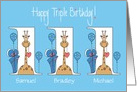 Birthday for Triplets, 3 Boys, Giraffes With Bows and Balloons card