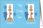 Birthday for Boy Twins, Custom Names with Giraffes & Balloons card