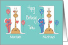 Twin Birthday for Boy & Girl Double Giraffes with Custom Names card