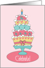 Birthday Stacked Cake, Celebrate with Hearts, Flowers & Bow card