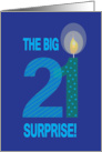 Surprise Birthday Party Invitation for Big 21 with Candle and Flame card