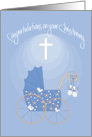 Christening for Boy, with Stroller, Baby Shoes and Cross card