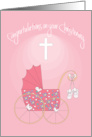 Christening for Girl, with Pink Stroller, Baby Shoes and Cross card