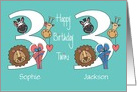 Birthday for 3 Year Old Boy & Girl Twins, Custom Names & Animals card
