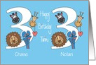 Birthday for 3 Year Old Boy Twins, Custom Names & Zoo Animals card