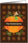 Thanksgiving Pumpkin with Custom Name and Drifting Fall Leaves card