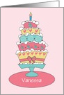 Birthday with Stacked Decorated Cake, Custom Name & Candle card