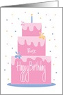 Birthday with Layered Pink Square Cake, Custom Name & Candle card